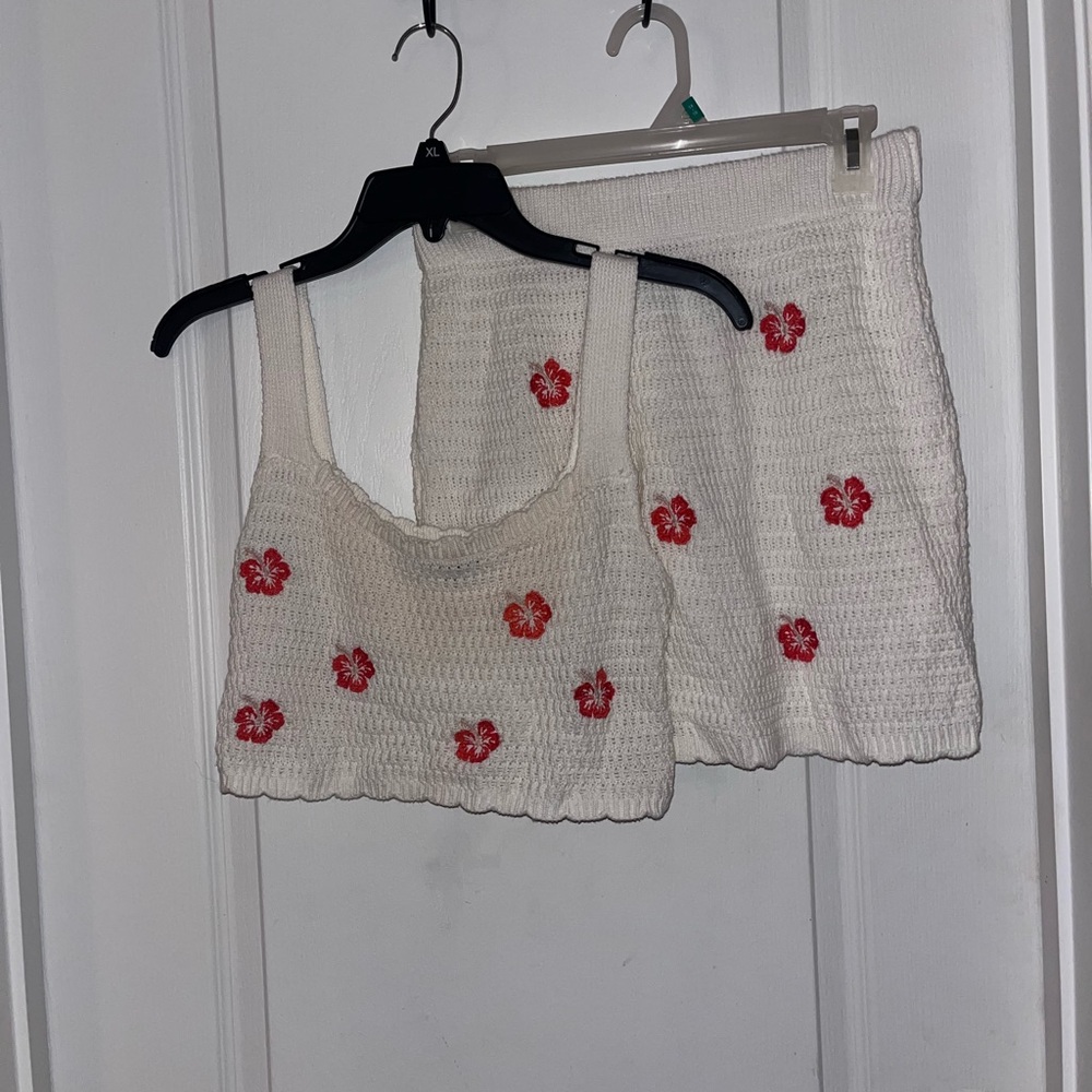 White Knit Floral Two-Piece Set